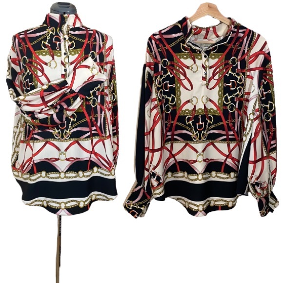 Zara Equestrian Chains and Harness Print Blouse Size Large - Picture 1 of 15